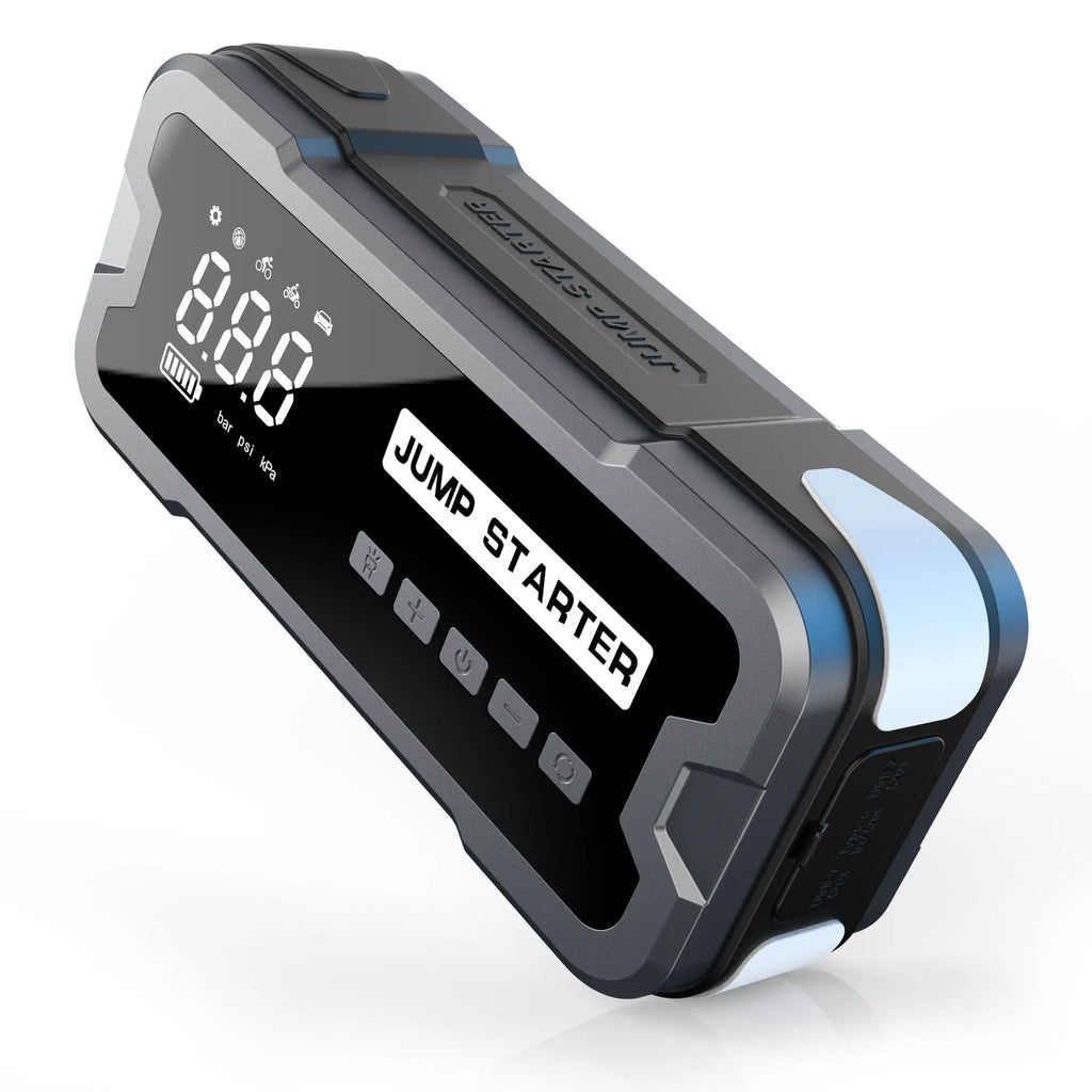 CY53 car emergency jump starter power bank unit with LCD display and LED lights.