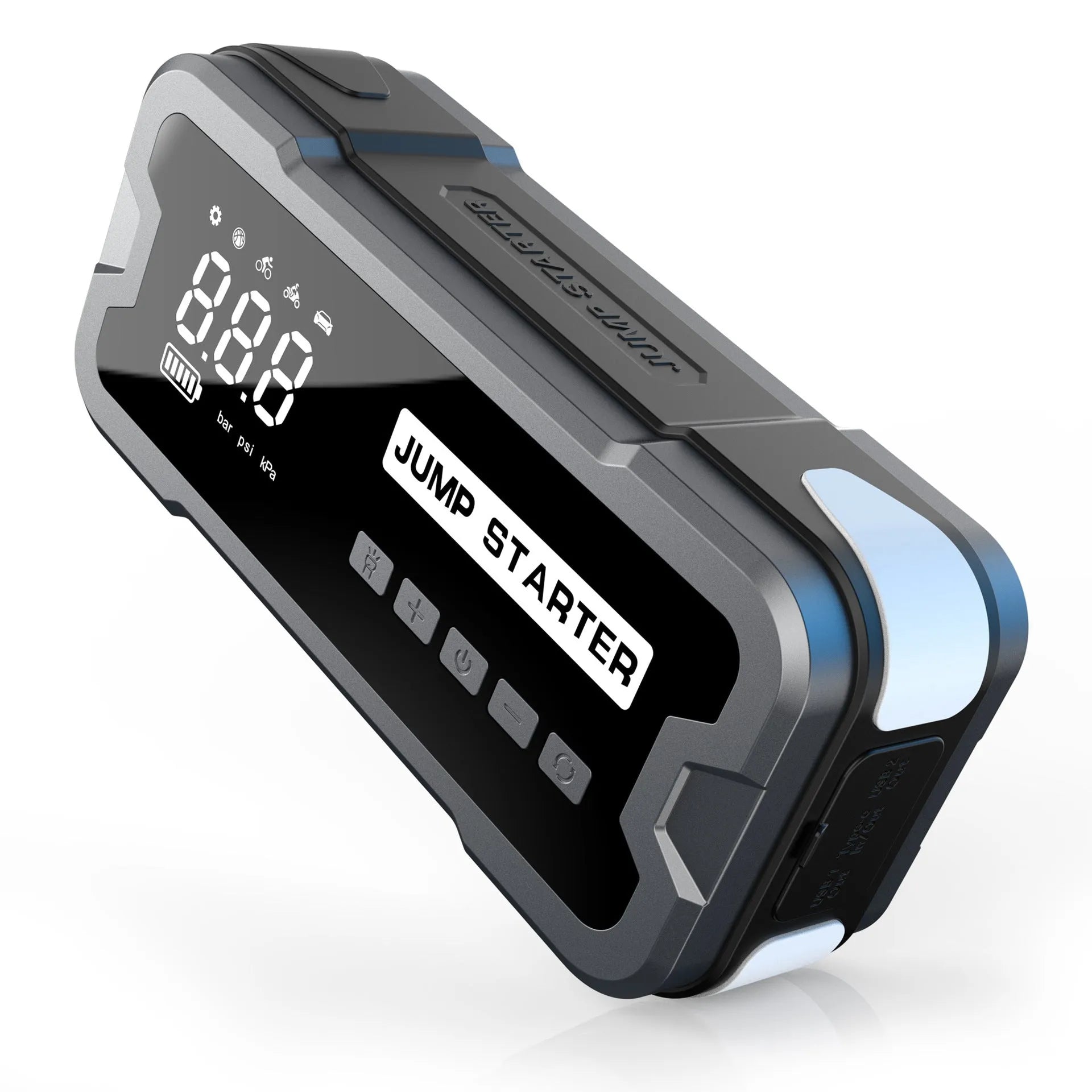 CY53 car emergency jump starter power bank unit with LCD display and LED lights.
