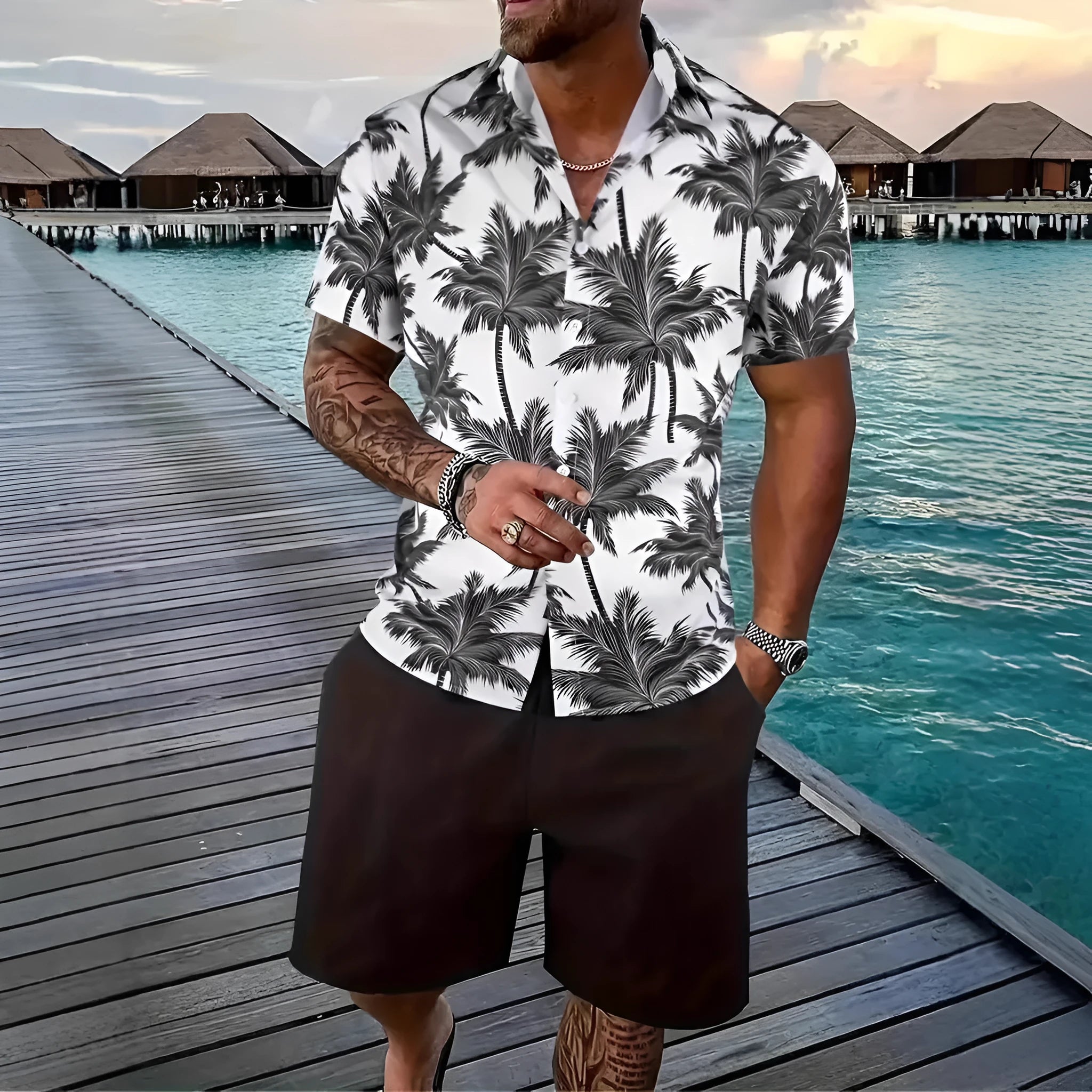 Men's Hawaiian themed 3D printed short sleeve top and matching shorts leisure suit set
