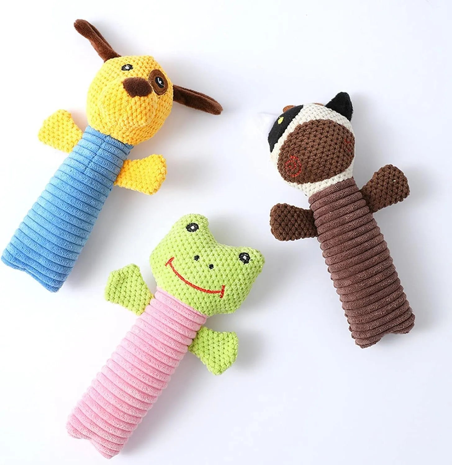 Squeaky stuffed animal dog chew toy for dental cleaning and play.