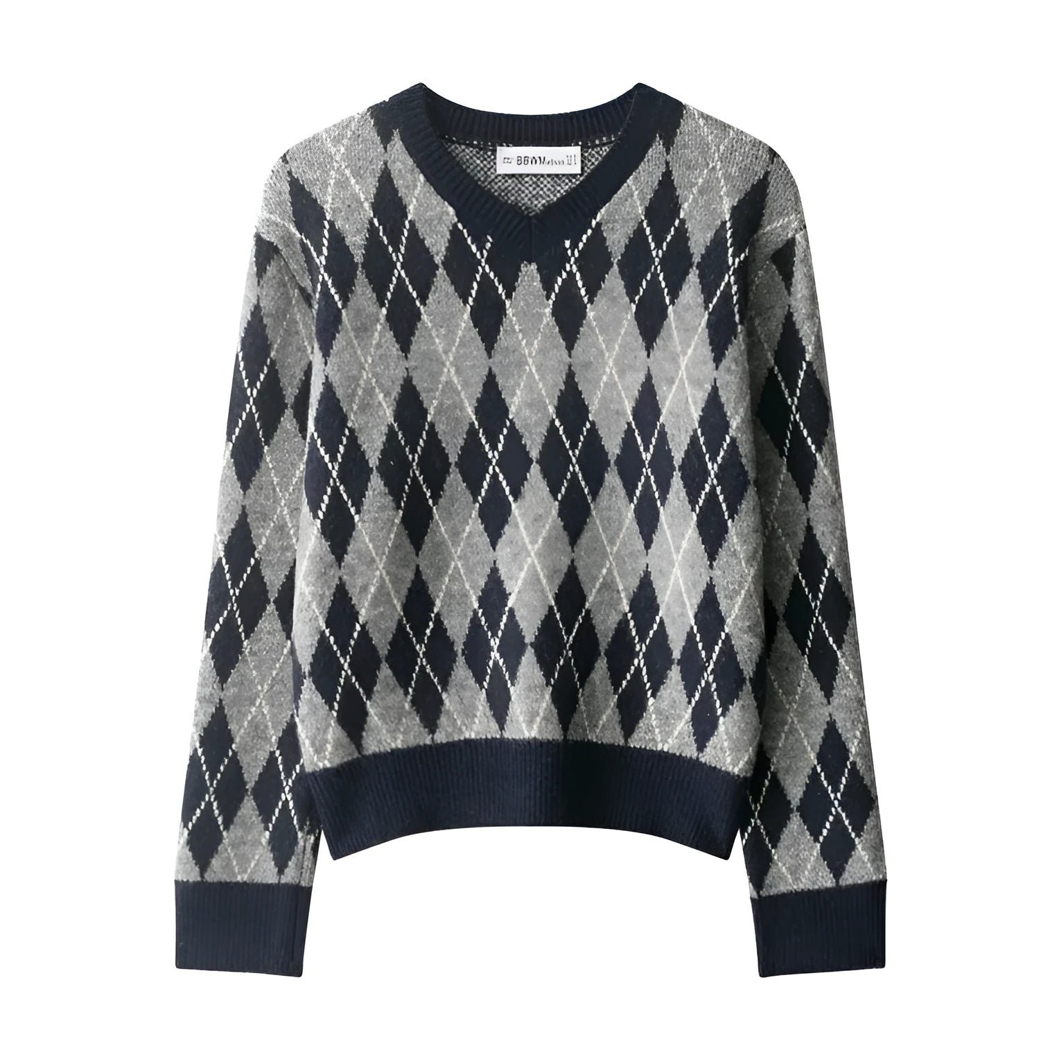 Women's diamond pattern contrast colour long sleeve knit sweater pullover regular fit