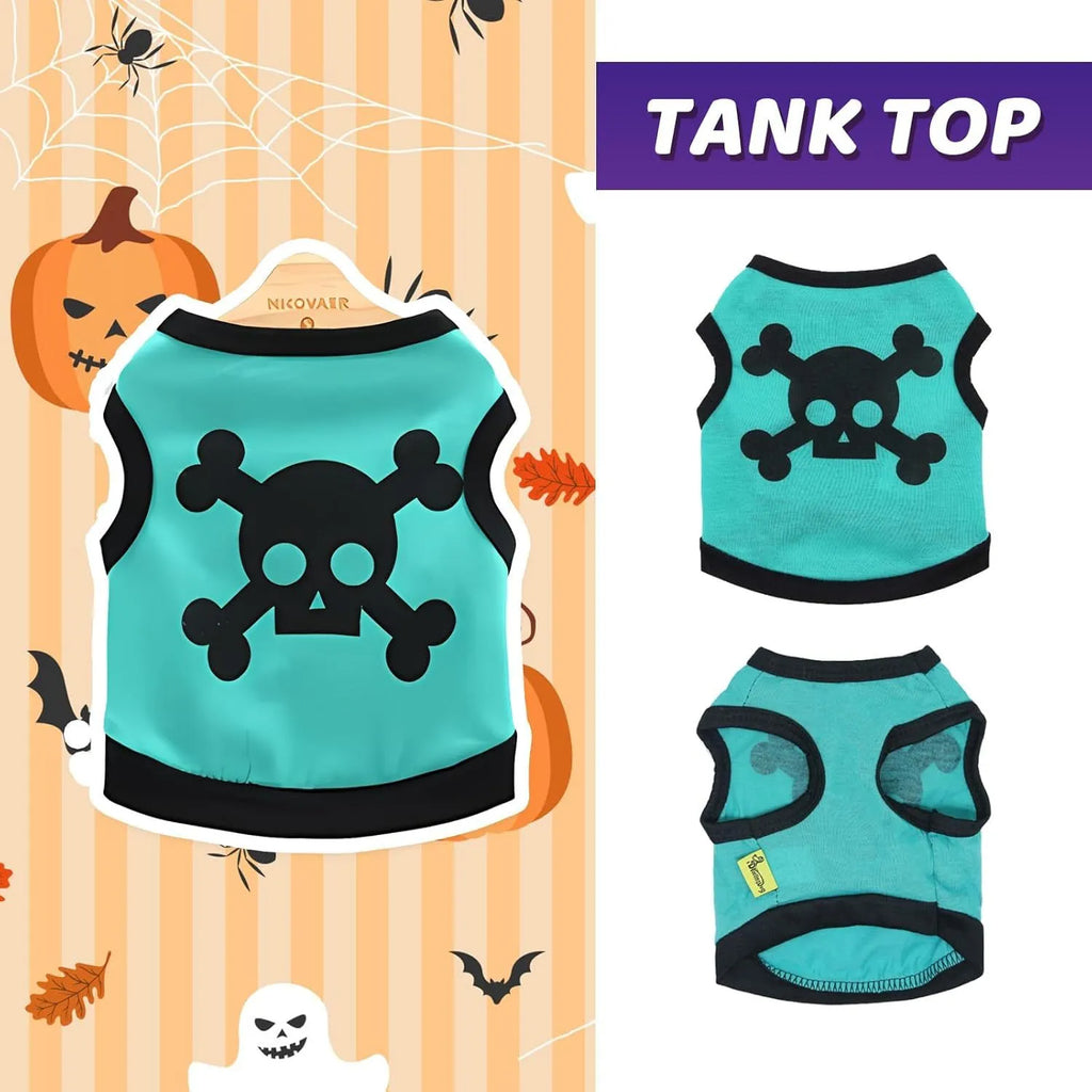 Halloween dog vest with skull bones pattern in blue, orange, purple colour options on small pet