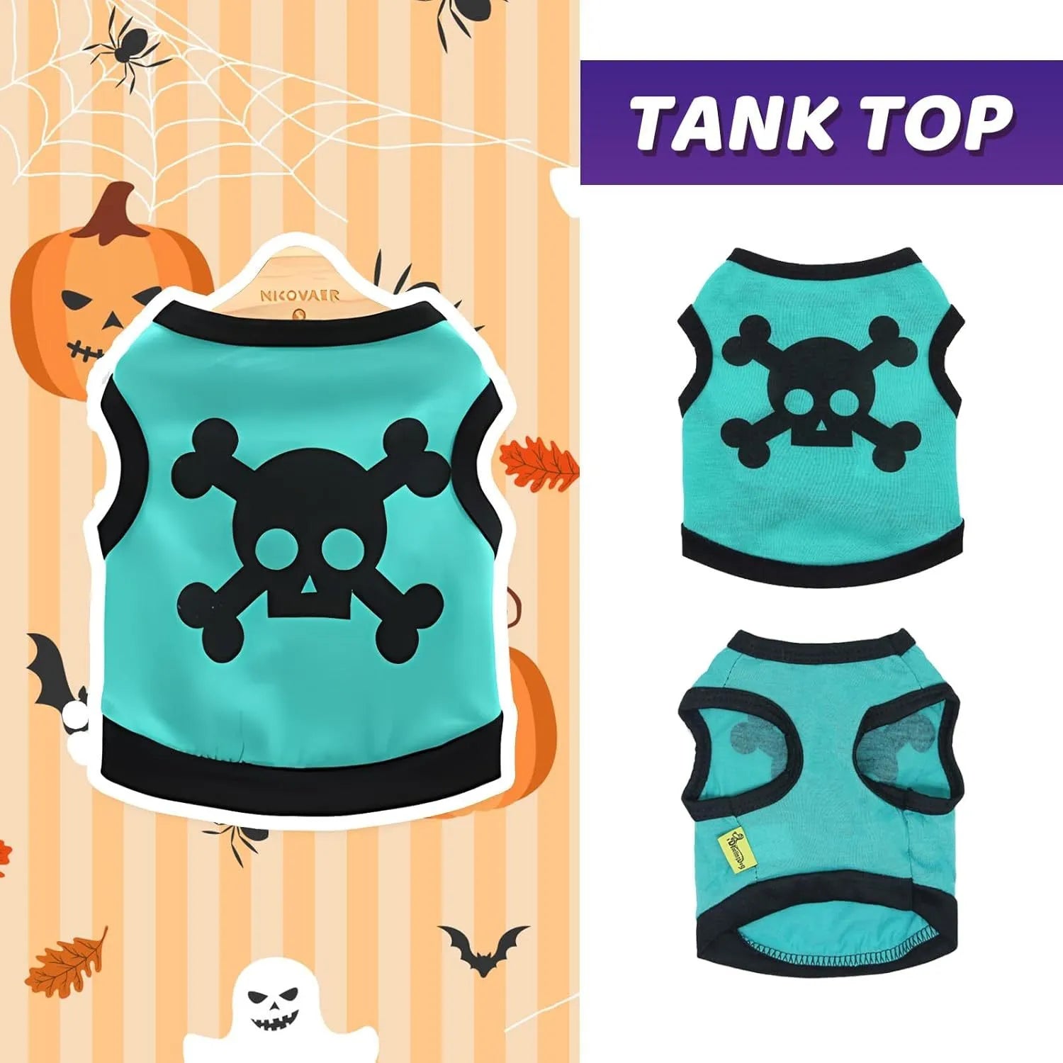 Halloween dog vest with skull bones pattern in blue, orange, purple colour options on small pet