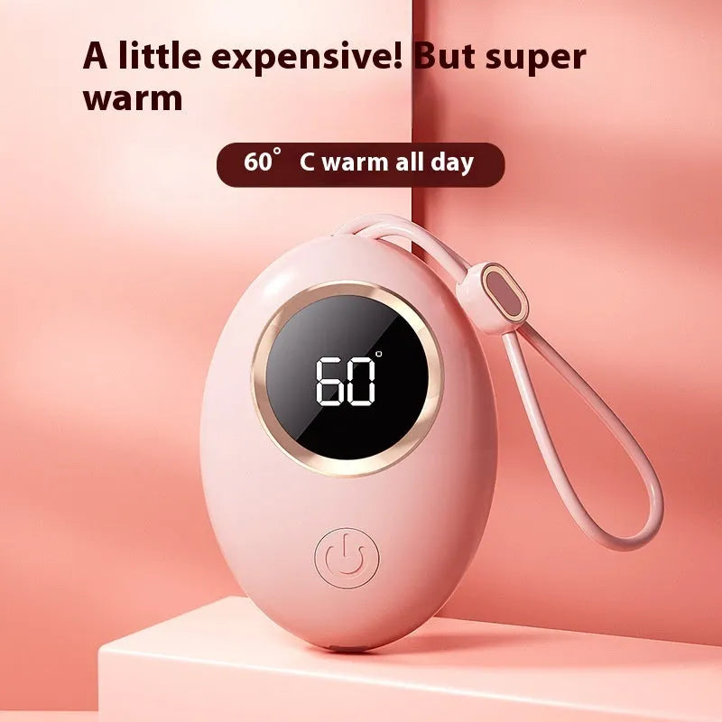 Compact USB digital display hand warmer in a choice of six colours, showing the heating pad and screen.