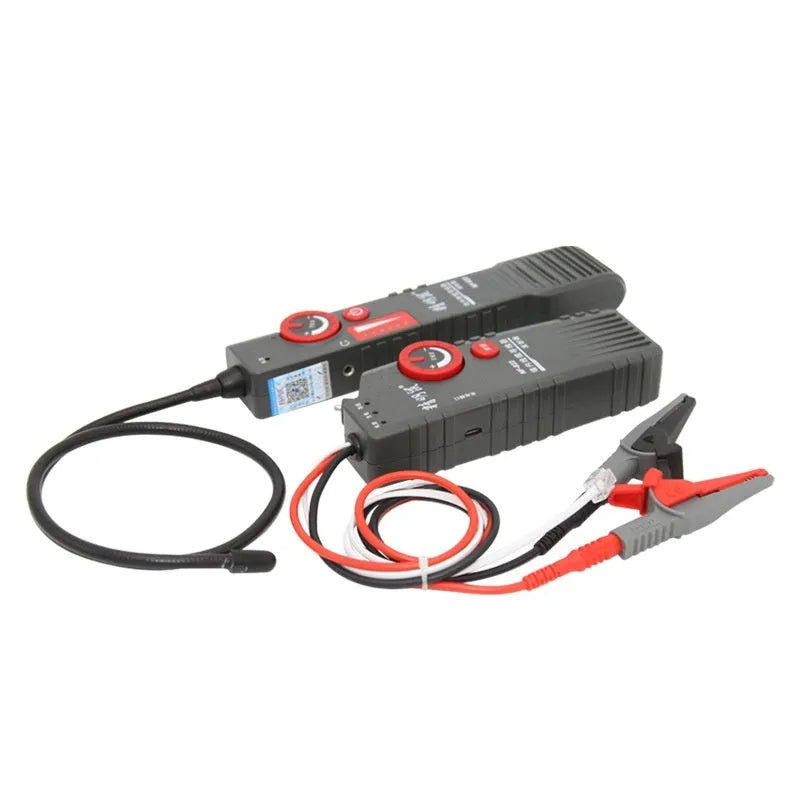 Buried wire cable tester line finder kit with transmitter, receiver, and accessories on a grey background