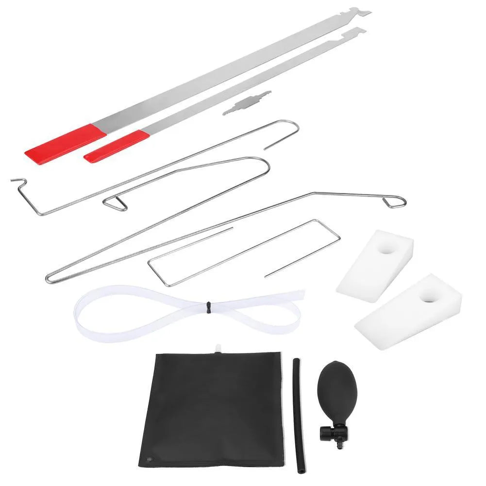 9-piece automotive emergency tool set with air pump wedge, plastic wedges, metal hooks, and crowbars