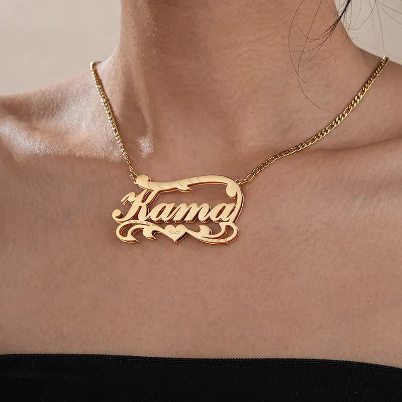 Gold personalised stainless steel necklace with a double-layer wave heart pendant engraved with a name.