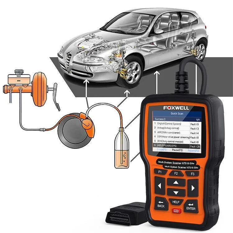 Orange and black Foxwell NT510 automotive diagnostic scanner with OBD2 cable and large colour screen