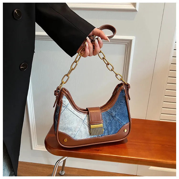Brown denim women's shoulder bag with chain straps and diamond mesh decorative accents