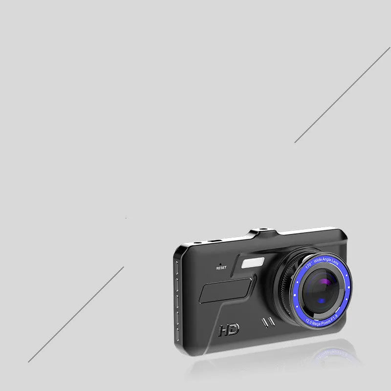 Black 4 inch touch screen car driving recorder with front and rear cameras