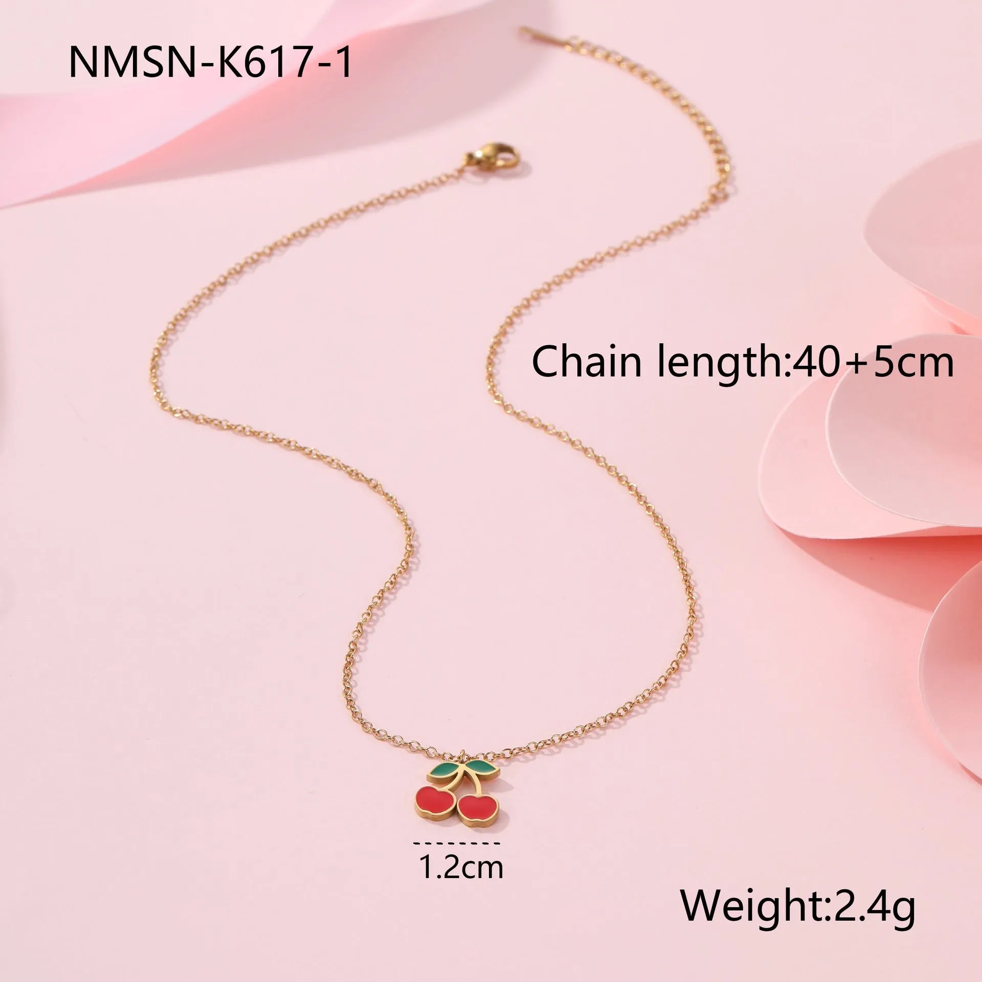 Stainless steel 18K gold plated cherry jewellery set showing necklace, bracelet, earrings, and ring.