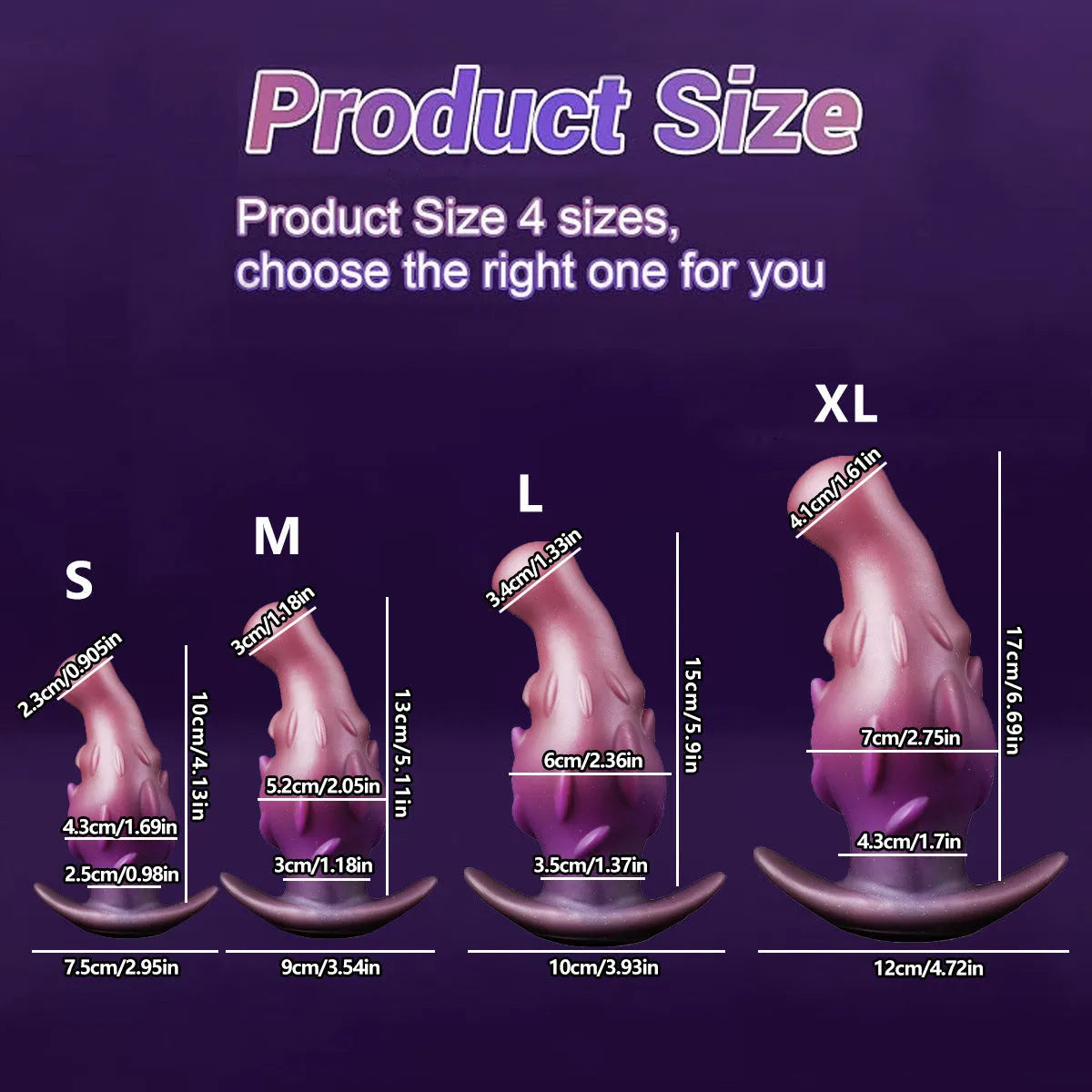 Purple, gold, and black silicone masturbator for adults in sizes S, M, L, XL.