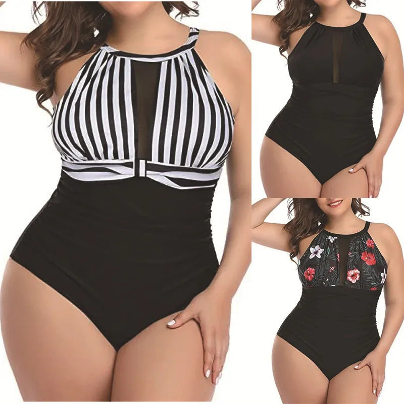 Women's one-piece swimsuit with lace detailing in black, stripes, and red flower colours