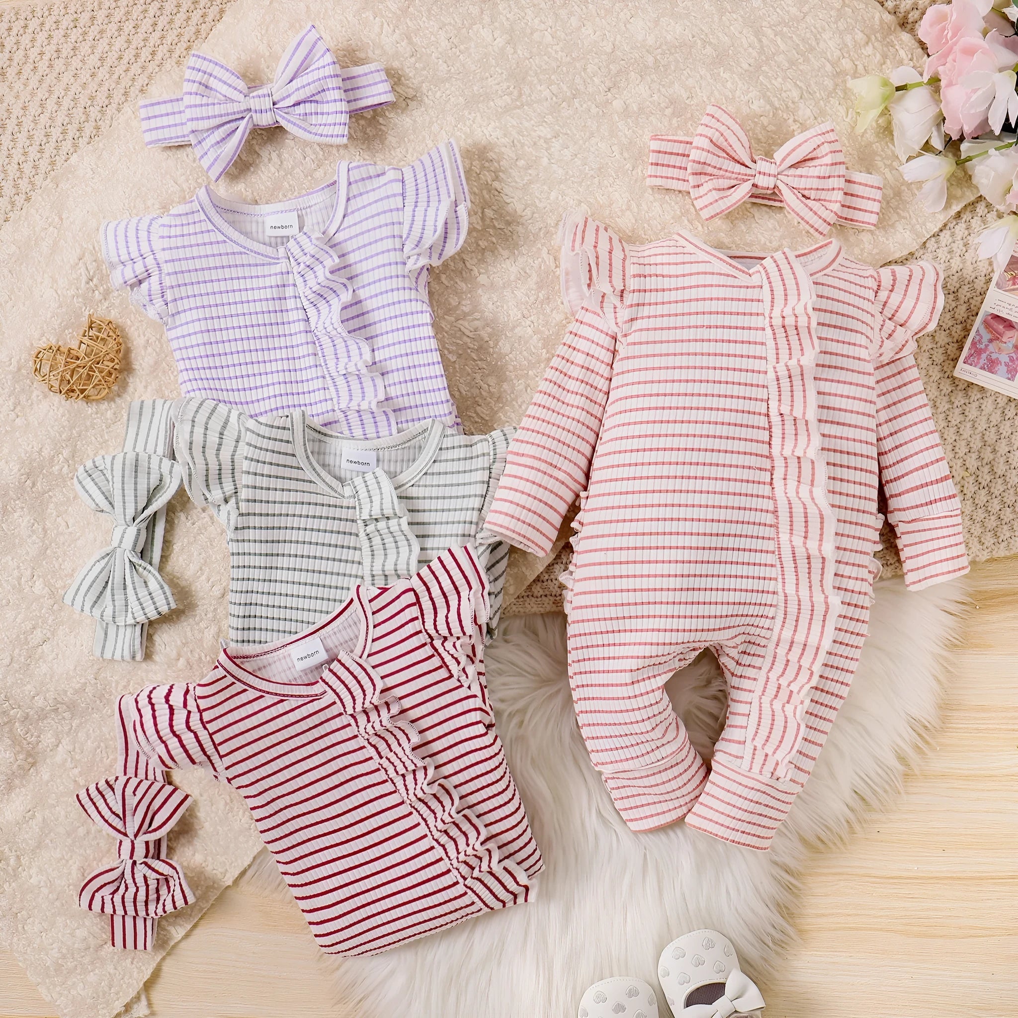 Girls cotton striped long-sleeved romper suit in purple with shorts trousers and front closure for newborn to 9 months