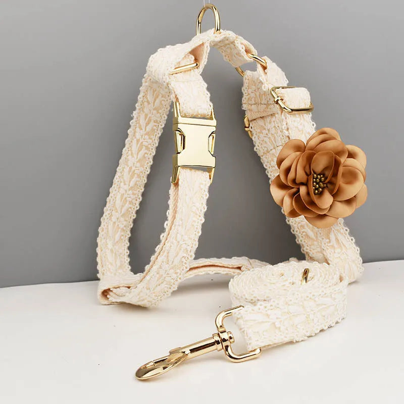 White pet wedding vest collar with lace leaf decoration and matching leash set with flower accessory