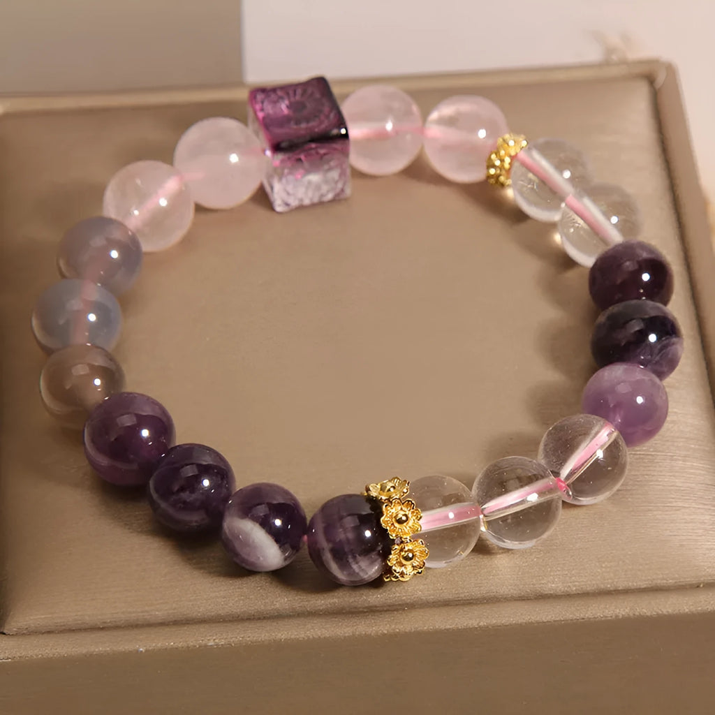 Purple natural amethyst crystal women's bracelet with 10mm rhinestones