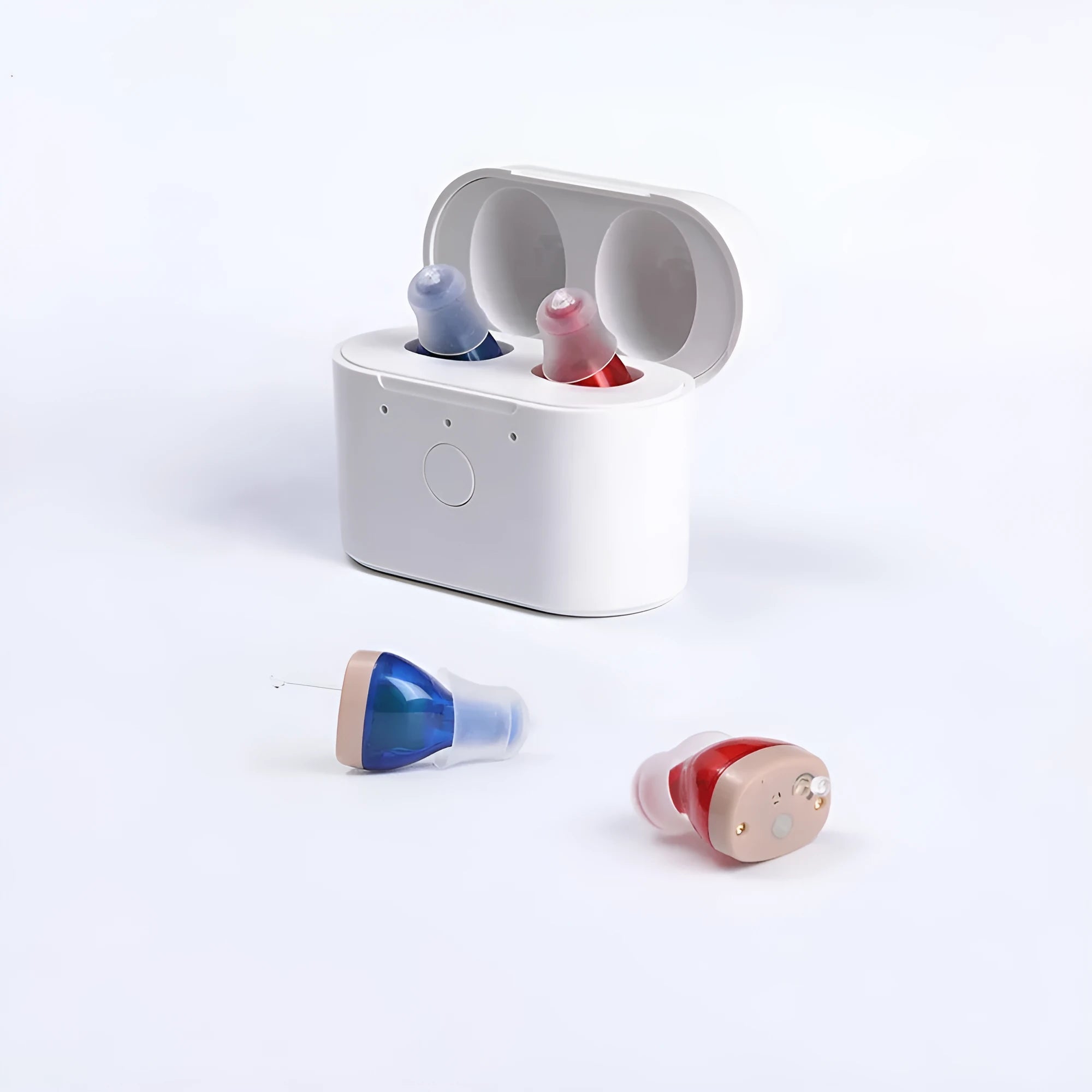 Beige and red-blue rechargeable behind-the-ear hearing aid with magnetic charging case.
