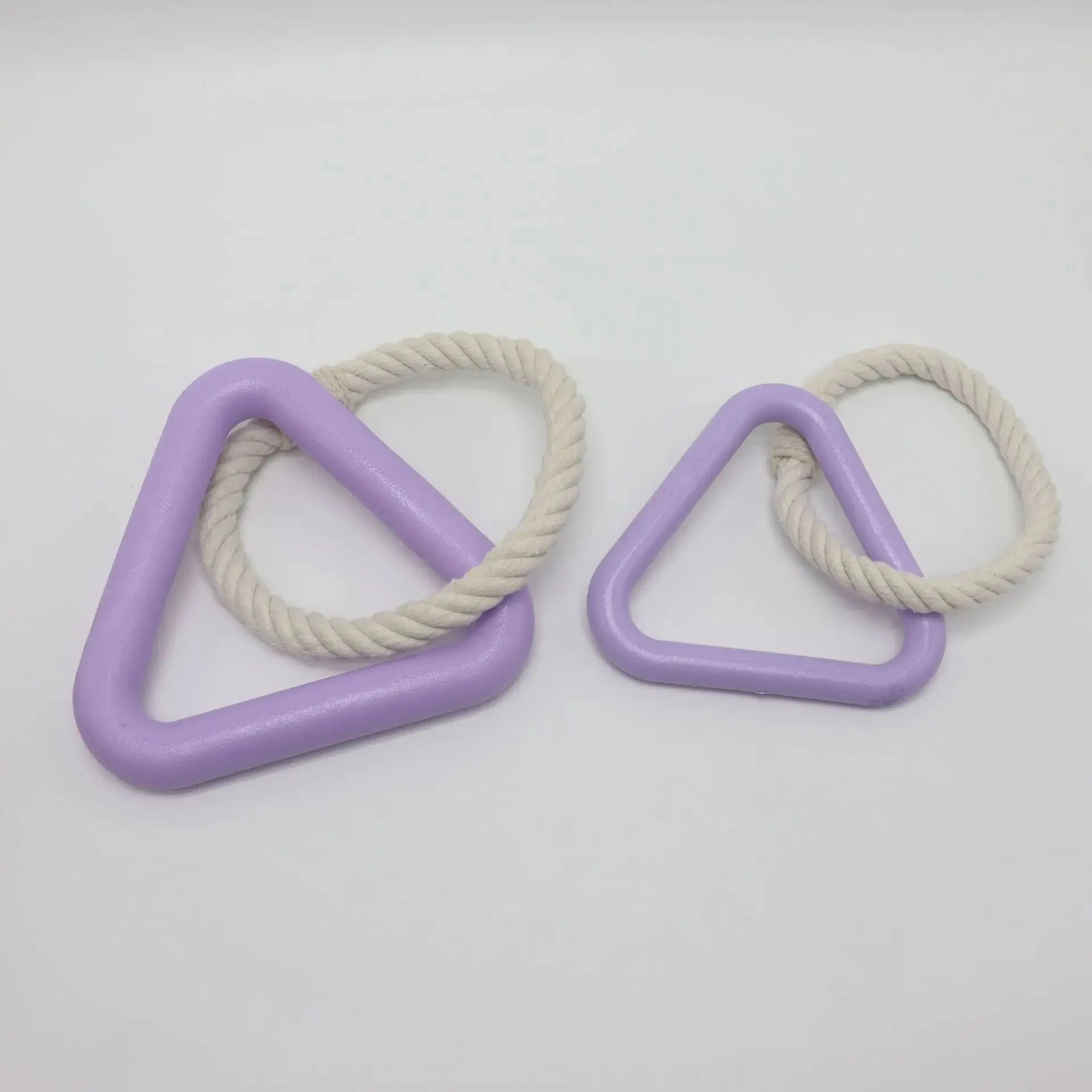 Large triangular cotton rope pull ring pet toy with a long leash in beige, pink, or purple colour options.
