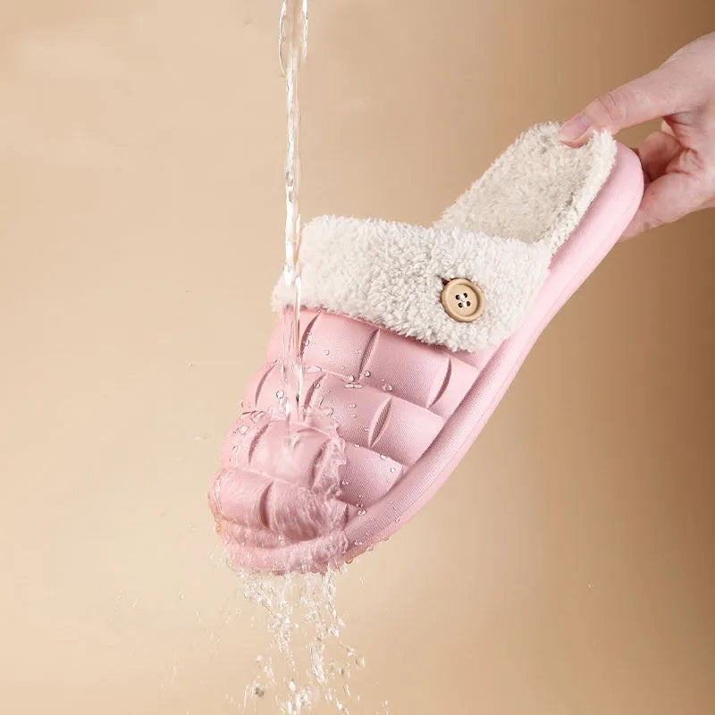 Plaid detachable slippers with anti-skid soles and plush lining in pink, green, yellow, white, grey, or black