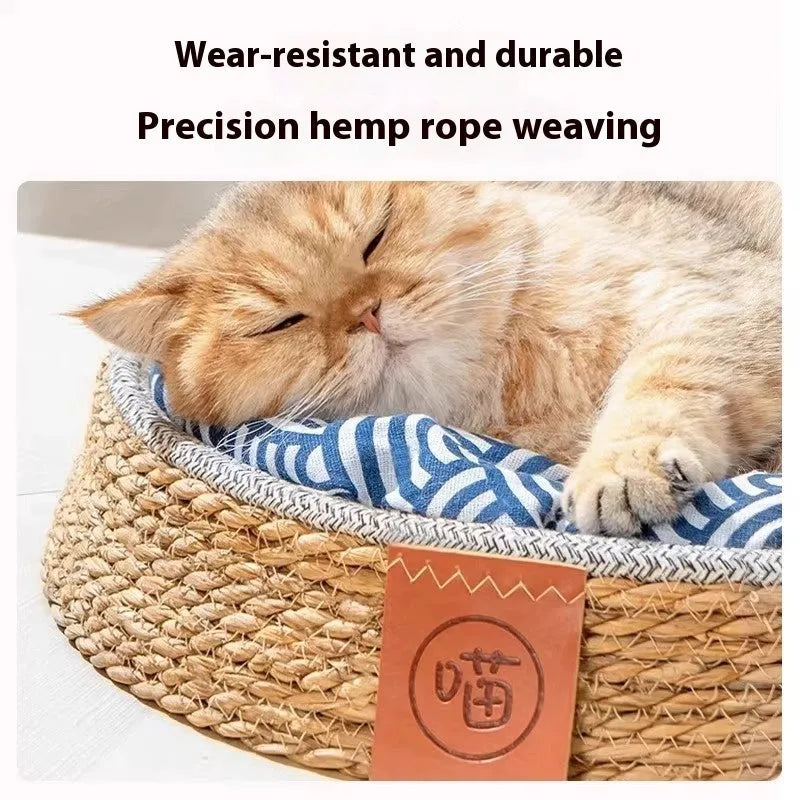 Natural rattan woven cat bed or pet nest available in small, medium, large, and extra-large sizes.