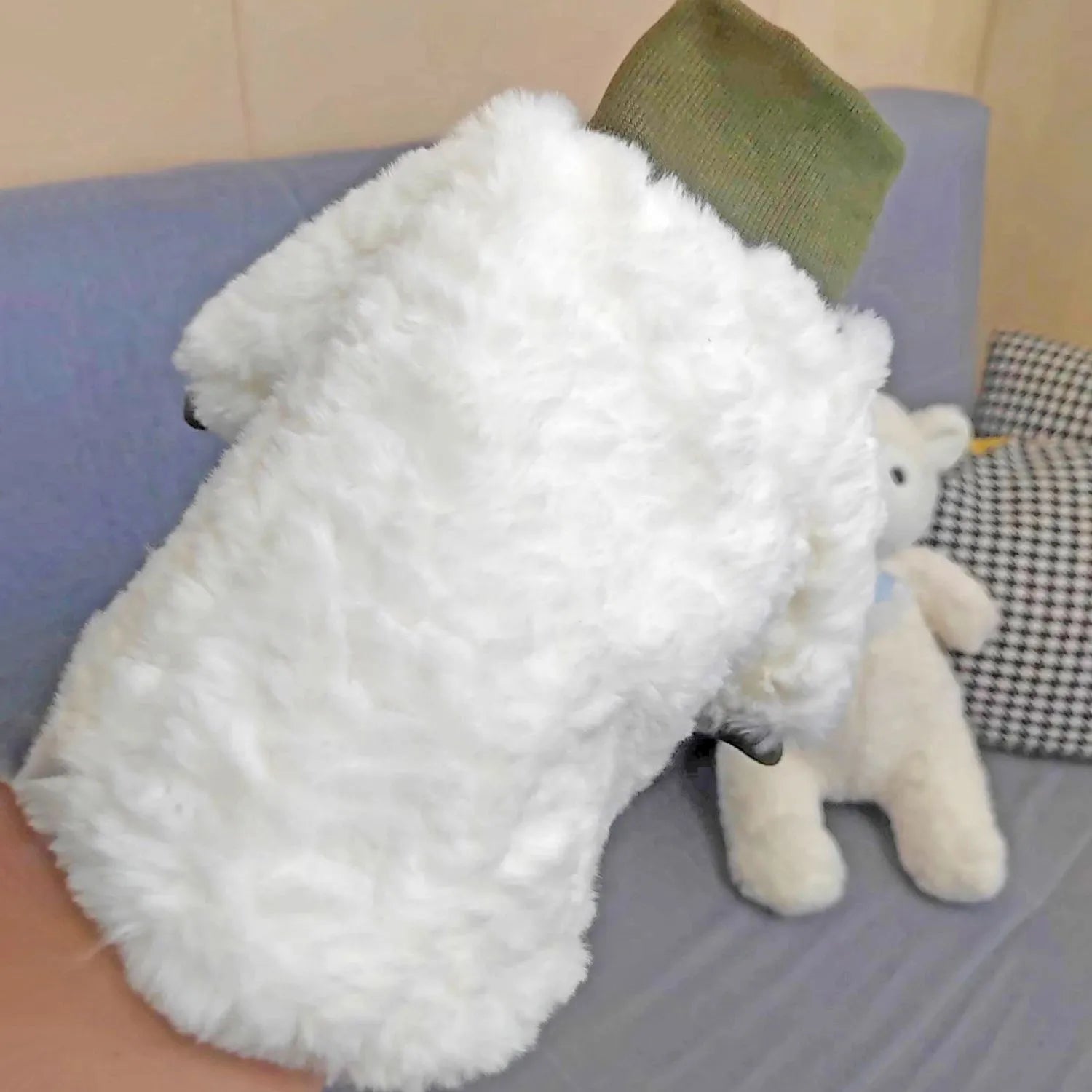 Creamy green turtleneck plush dog coat on small breed with detailed sizing chart showing chest and back measurements.