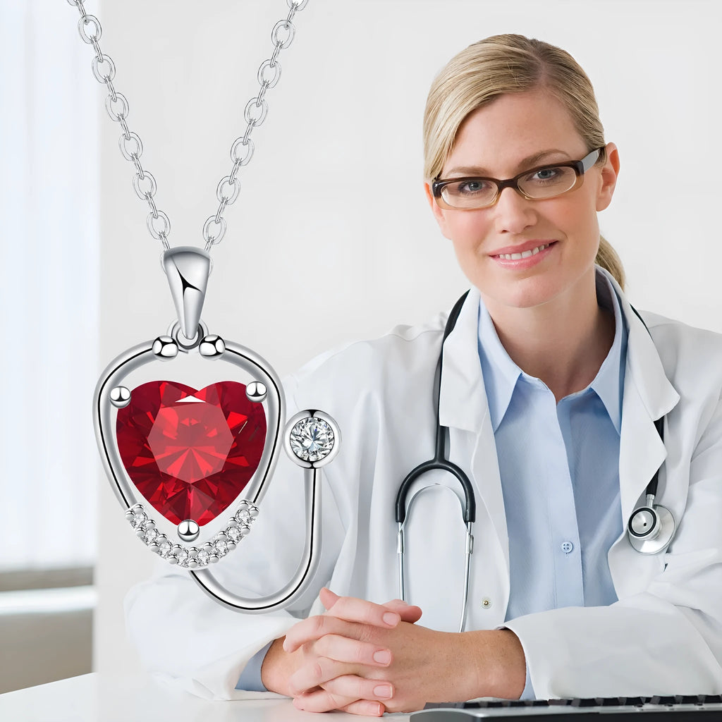 Women's copper stethoscope necklace with red diamond electroplated finish