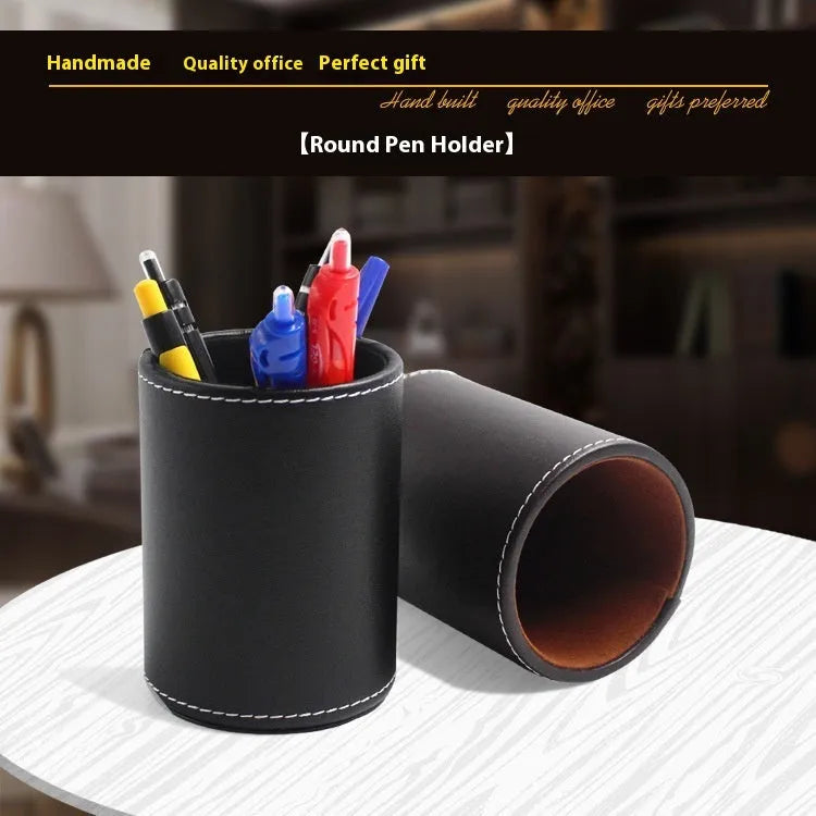 Round black leather pen holder with 8cm diameter and 10.8cm height cylindrical design