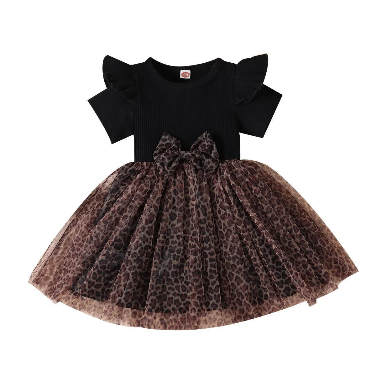 Girls cotton pullover dress with leopard print, mesh bow, short sleeves, in black and wine red colours
