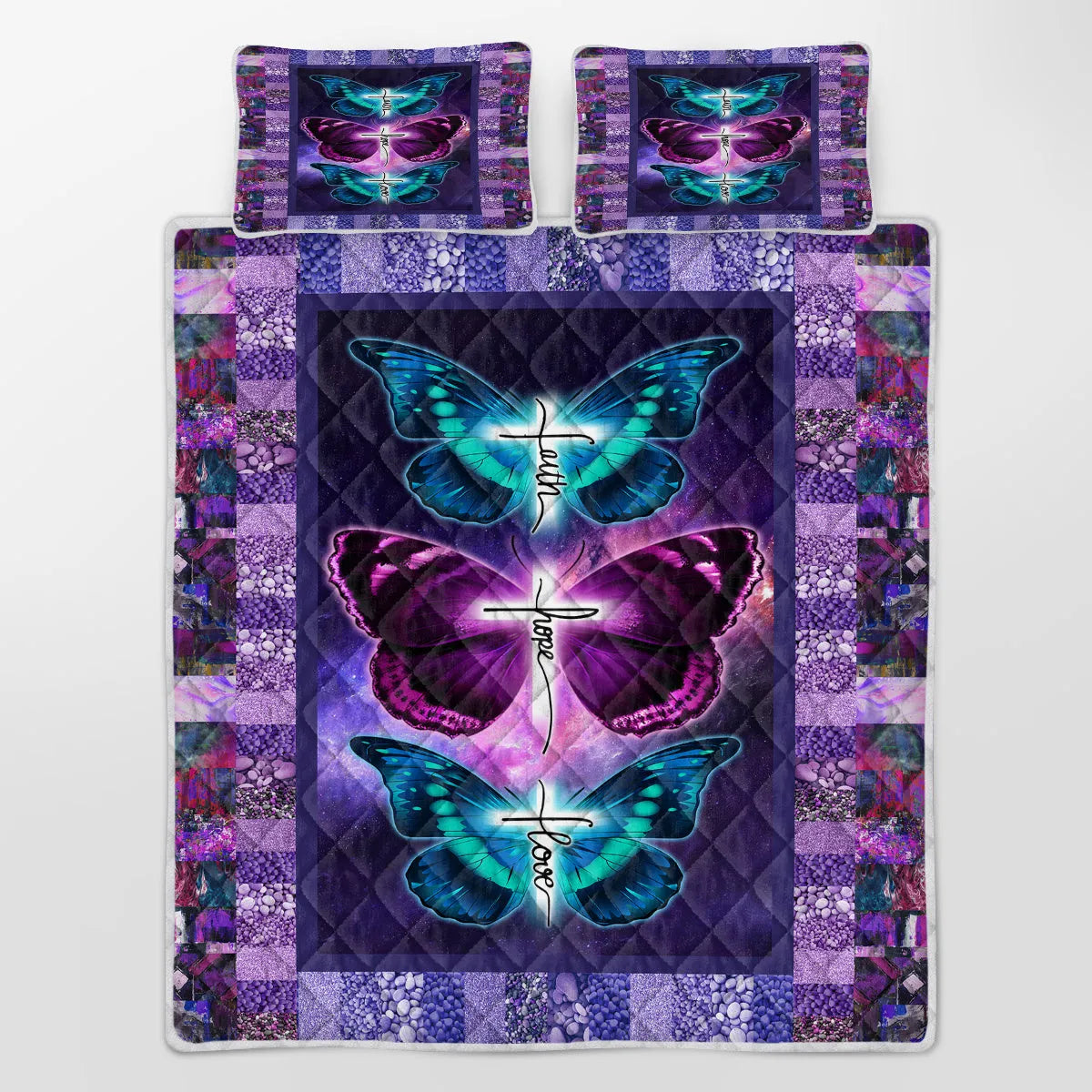 Purple butterfly patterned pet themed quilt set with two pillow shams on a bed