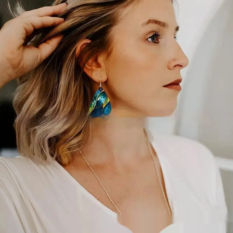 Clear acrylic flat branch knot design earrings with printed pattern in drop shape