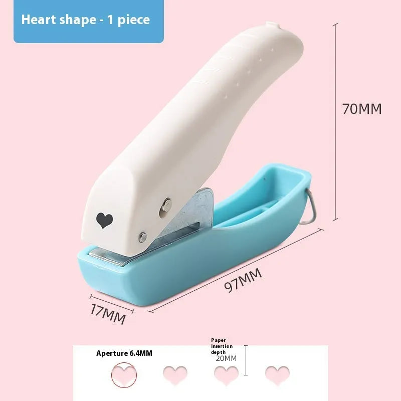 Manual craft punching machine with love, star, and round shape attachments for paper embossing.