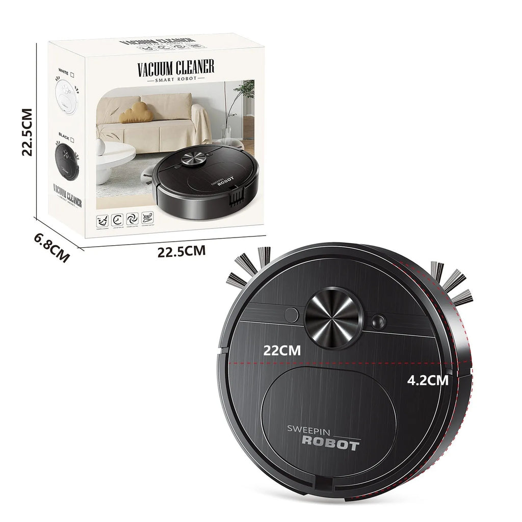 USB charging robot vacuum cleaner with automatic 3-in-1 cleaning functions in black or white colour.