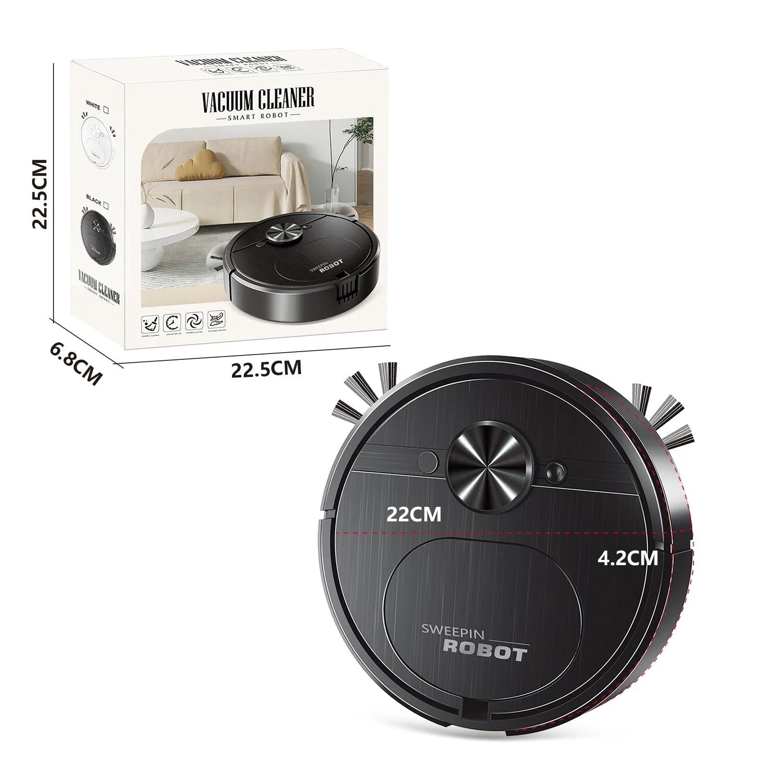 USB charging robot vacuum cleaner with automatic 3-in-1 cleaning functions in black or white colour.