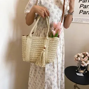 Khaki and milky white woven straw women's crossbody shoulder bag with large capacity