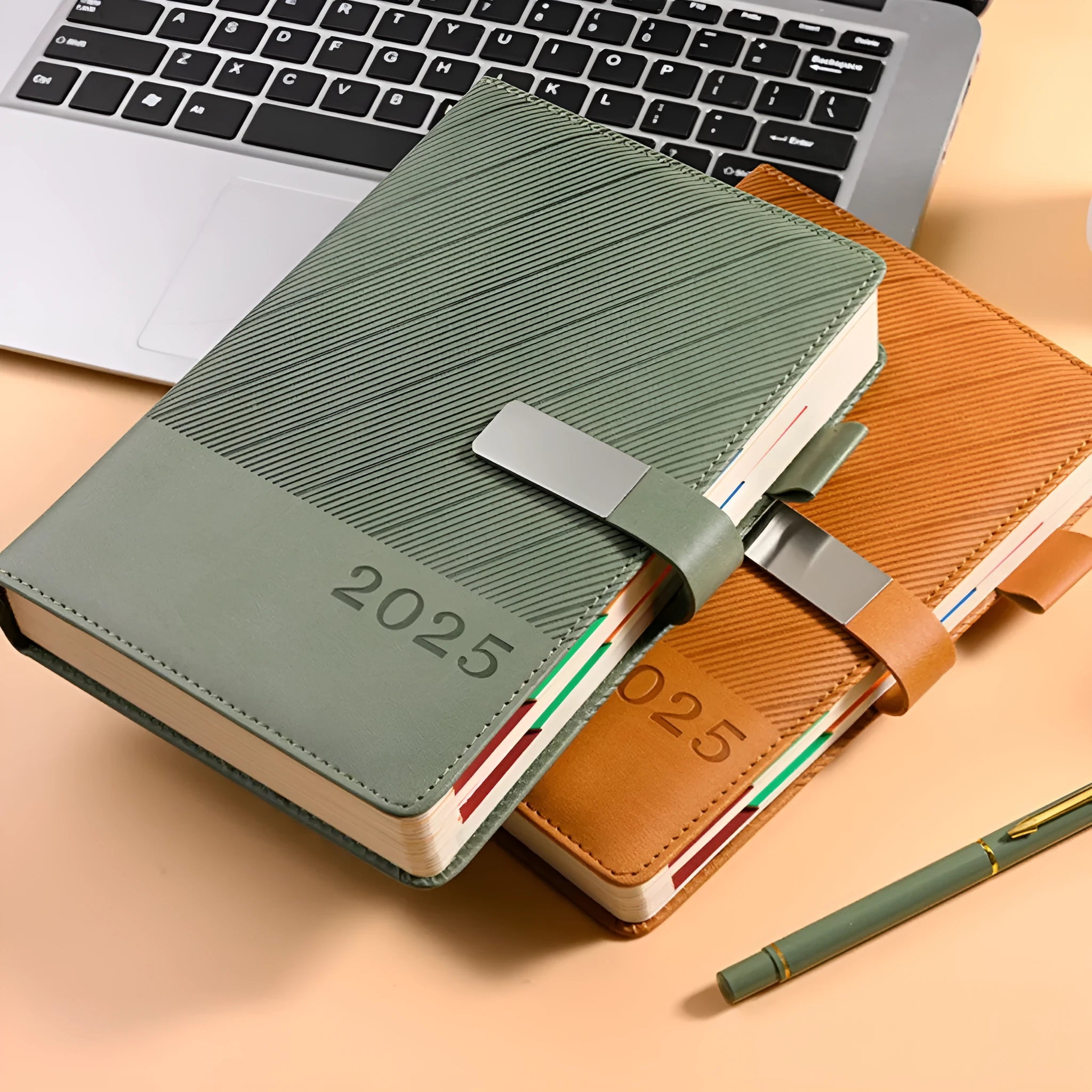 A5 striped PU leather notepad open on a desk showing 80g wood-free paper, available in eight colours.