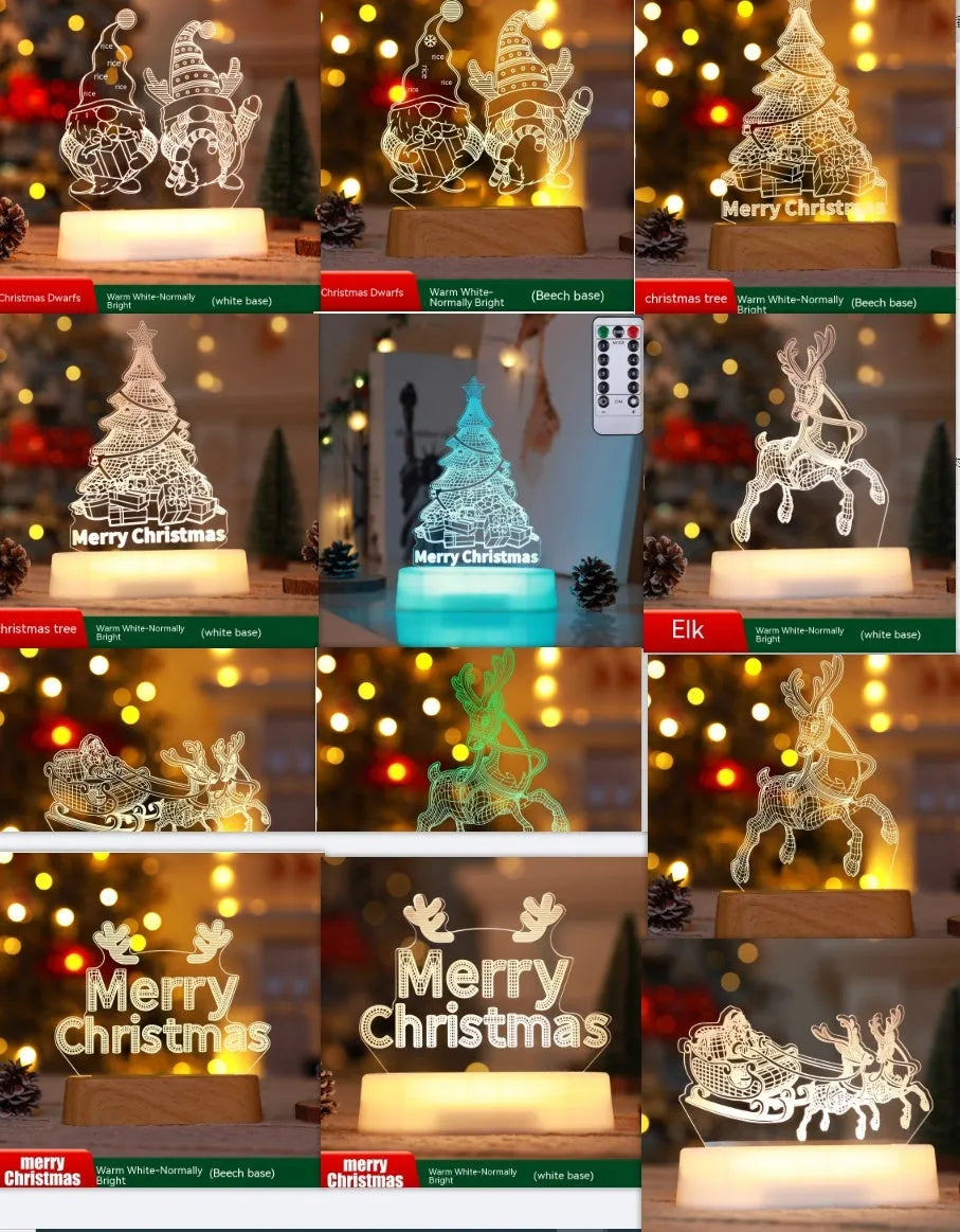 Acrylic 3D LED Christmas night light decoration with festive designs