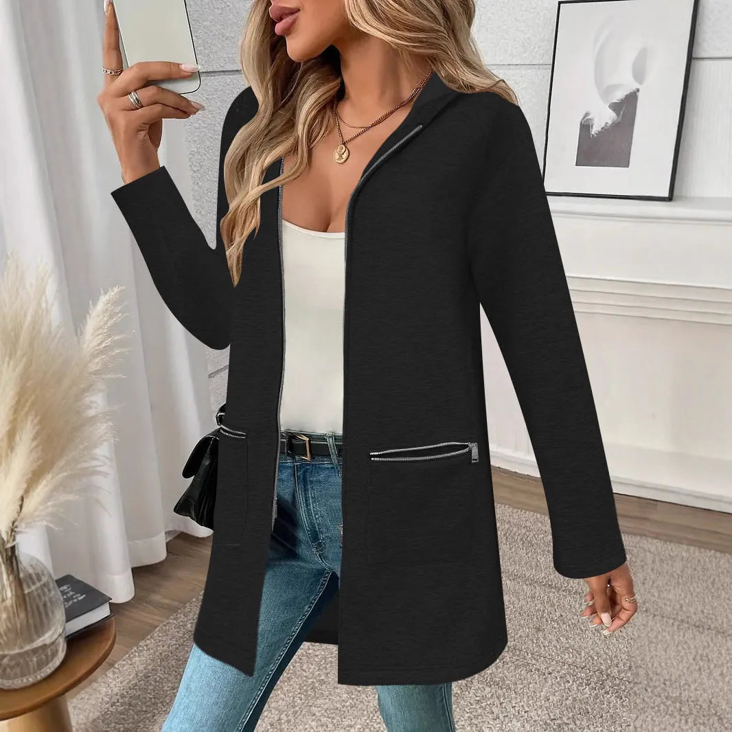 Women's loose mid-length cardigan coat in Japanese Korean casual style with pockets
