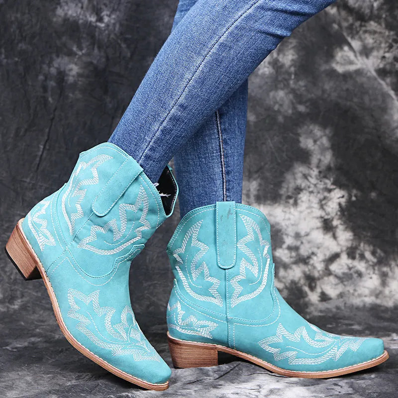 Women's blue embroidered cowboy boots with wedge heel and pointed toe