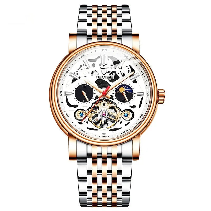 Men's black tourbillon mechanical watch with luminous hands on a leather strap.