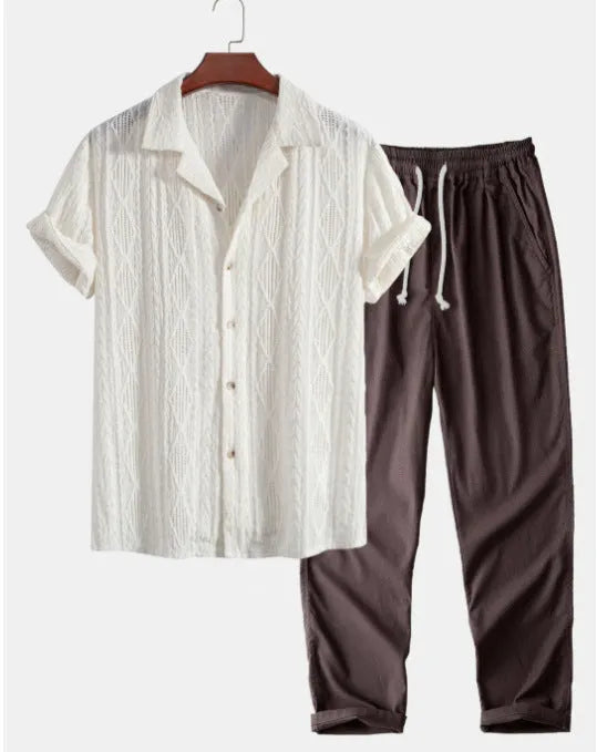 Man wearing a slim fit camouflage print short-sleeve shirt and matching trousers casual suit set.