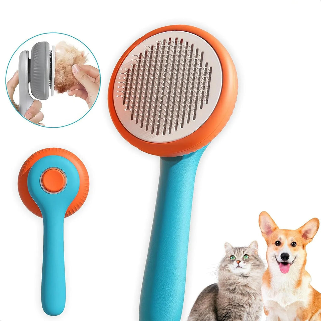 Blue and white self-cleaning pet grooming brush for removing tangled hair and loose fur from cats and dogs.