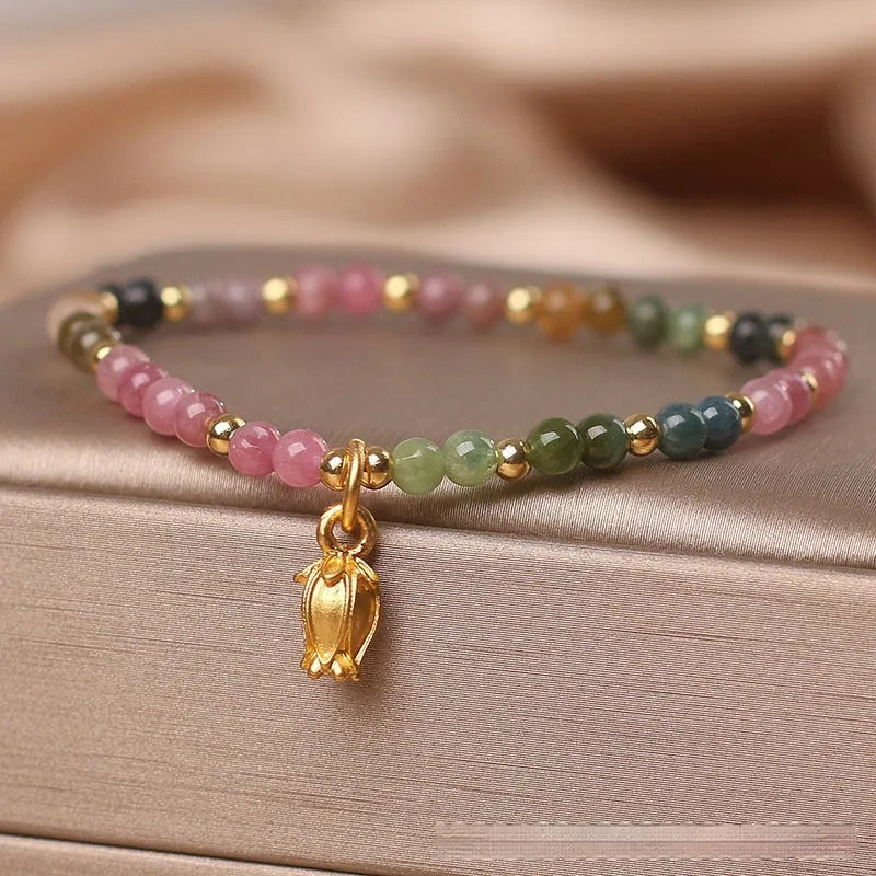 Women's natural tourmaline floral beaded anklet with delicate ankle chain