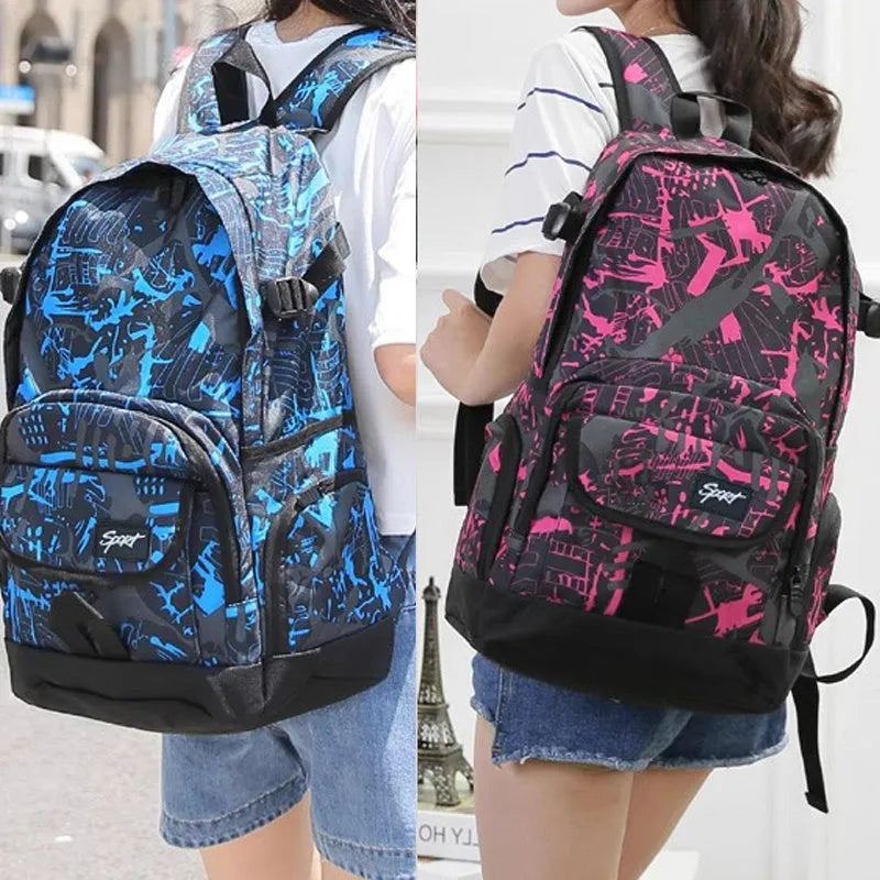 Blue classic nylon backpack with multiple pockets open, showing internal organisers and laptop sleeve.