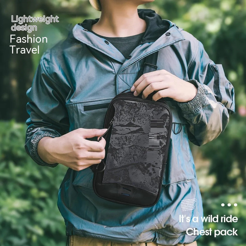Casual black TPU camouflage chest bag with a single shoulder strap and soft handle.