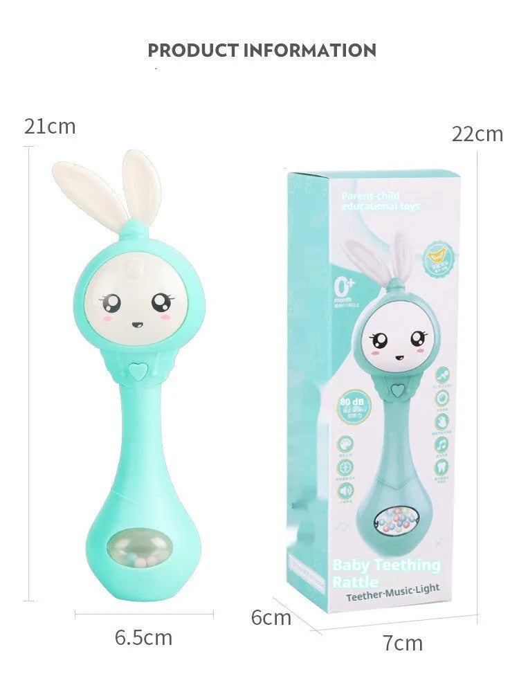 Baby holding colourful musical teething stick toy with light blue ABS plastic construction