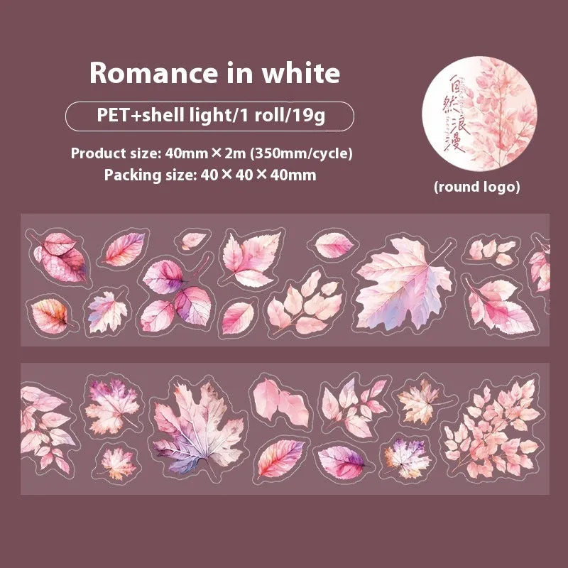 Roll of Deciduous Poetry Series clear PET decorative stickers showing leaf patterns in gentle ginkgo, blue fallen leaves, and other colours.