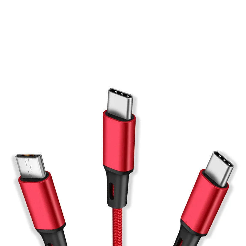 1.2 metre long multi-device charging cable with nylon braid in red, blue, gold, black, silver, and rose gold colours