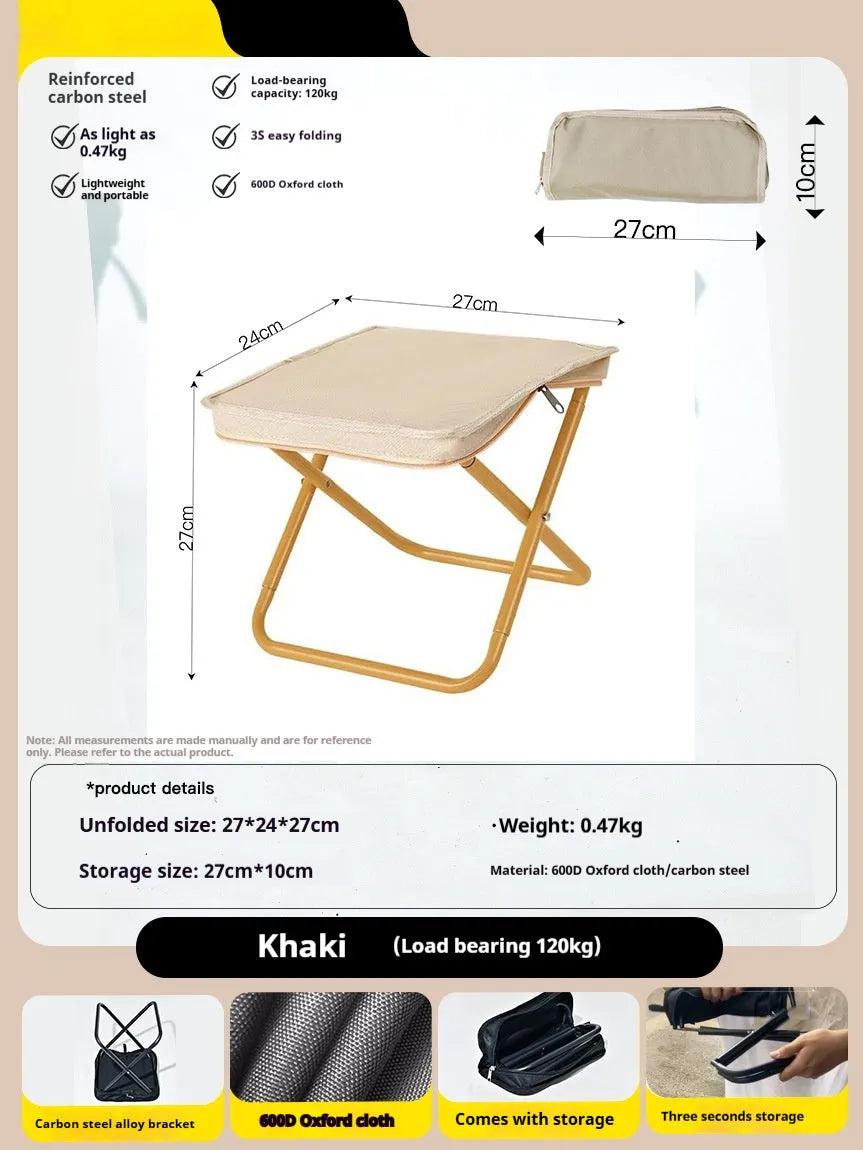Lightweight foldable camping stool in Oxford cloth shown in a khaki colour, folded to a slim profile.