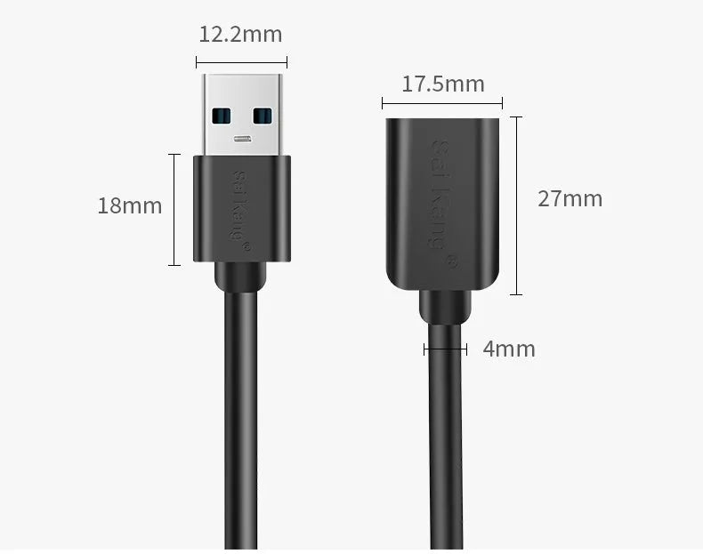 Black USB extension cable with male and female connectors, shown with length options from 1 to 5 metres.