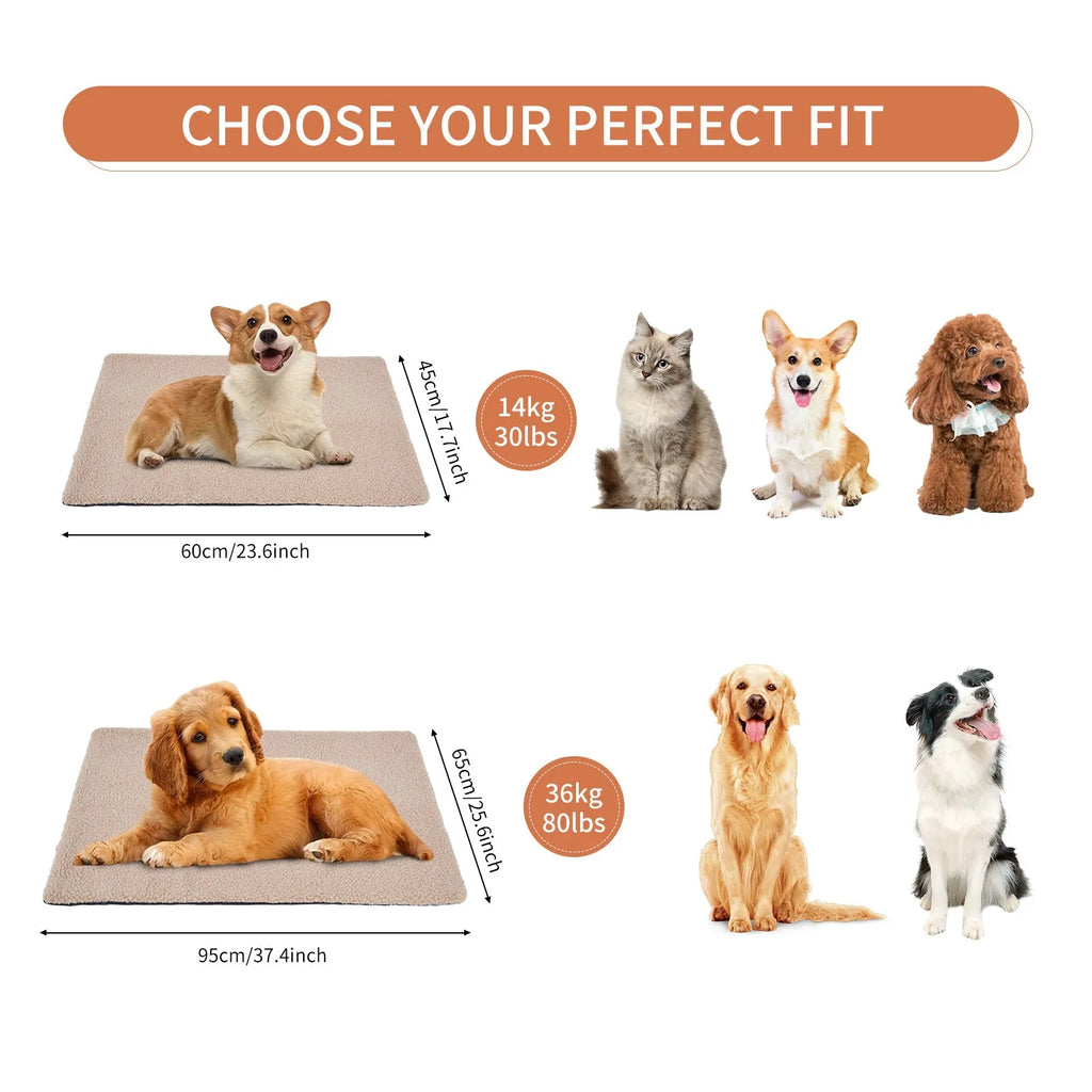 Grey self-heating plush pet pad for cats and dogs on a wooden floor.